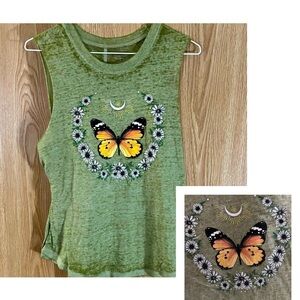 🦋 Rebellious One Butterfly Daisies Sage Green Tank Top
